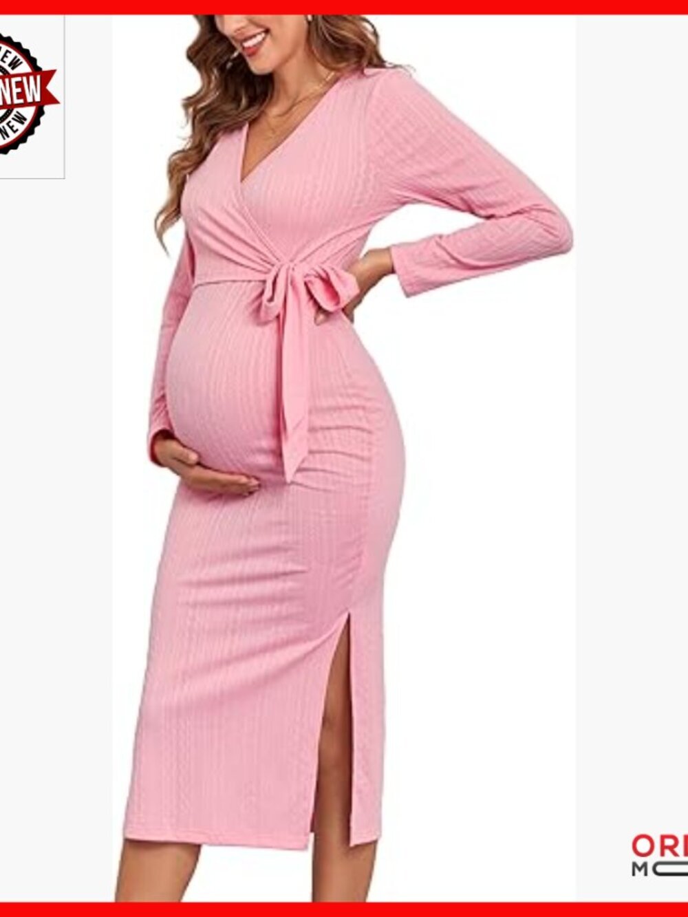Maternity Nursing Dress Rib Knit Long Sleeve V Neck Bodycon Wrap